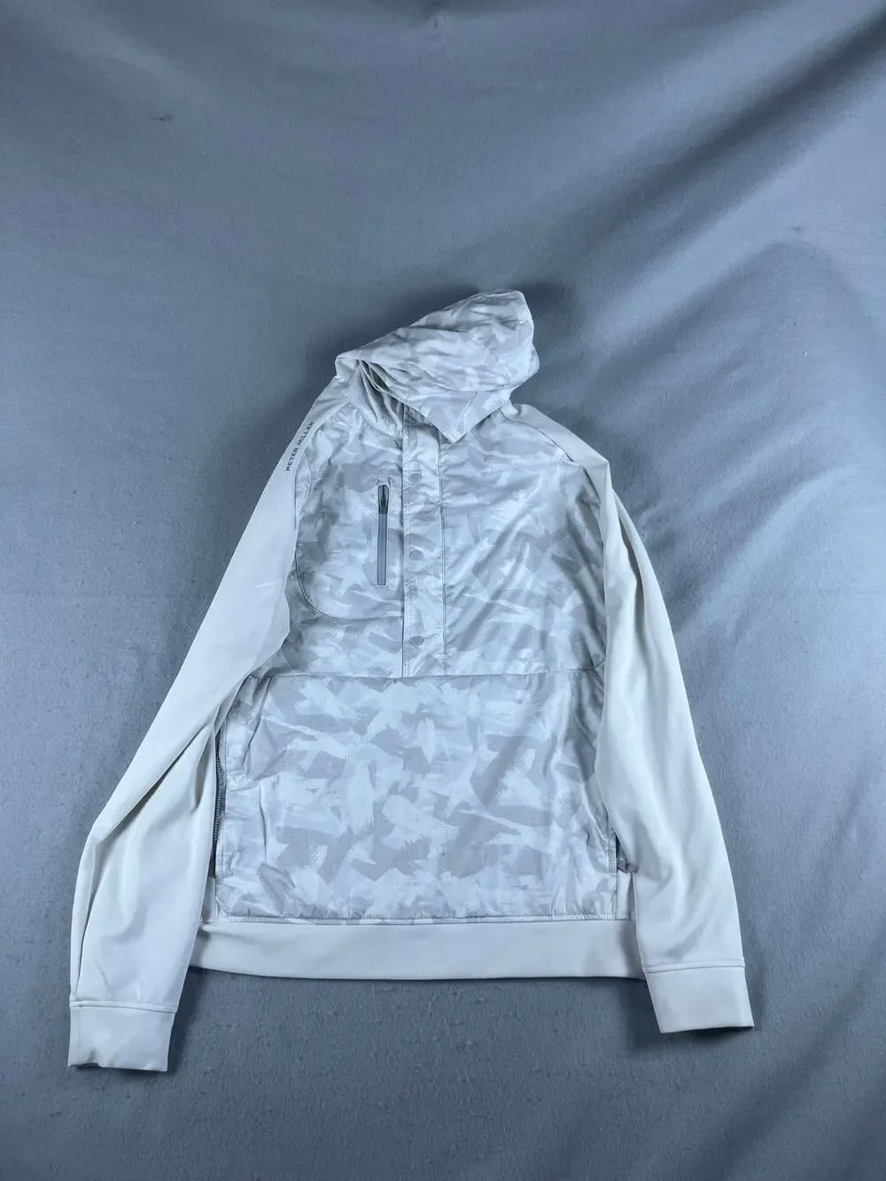 Peter Millar Pursuit Pullover Hoodie Mens M White Gray Half Zip Camo Golf Anorak